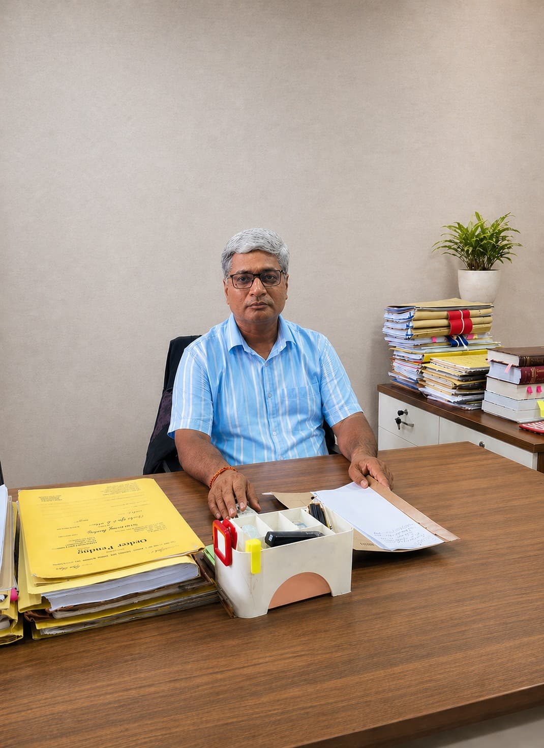 Advocate Onkar Pandey at his desk reviewing case files at his Lucknow High Court chamber